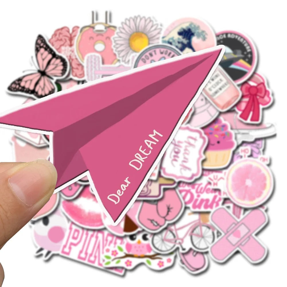 50PCS Cute Cartoon Girl Pink Fresh Doodle Stickers for Notebooks, Luggage, Skateboards, Water Bottles, and More—Perfect DIY Desktop Decor Decals