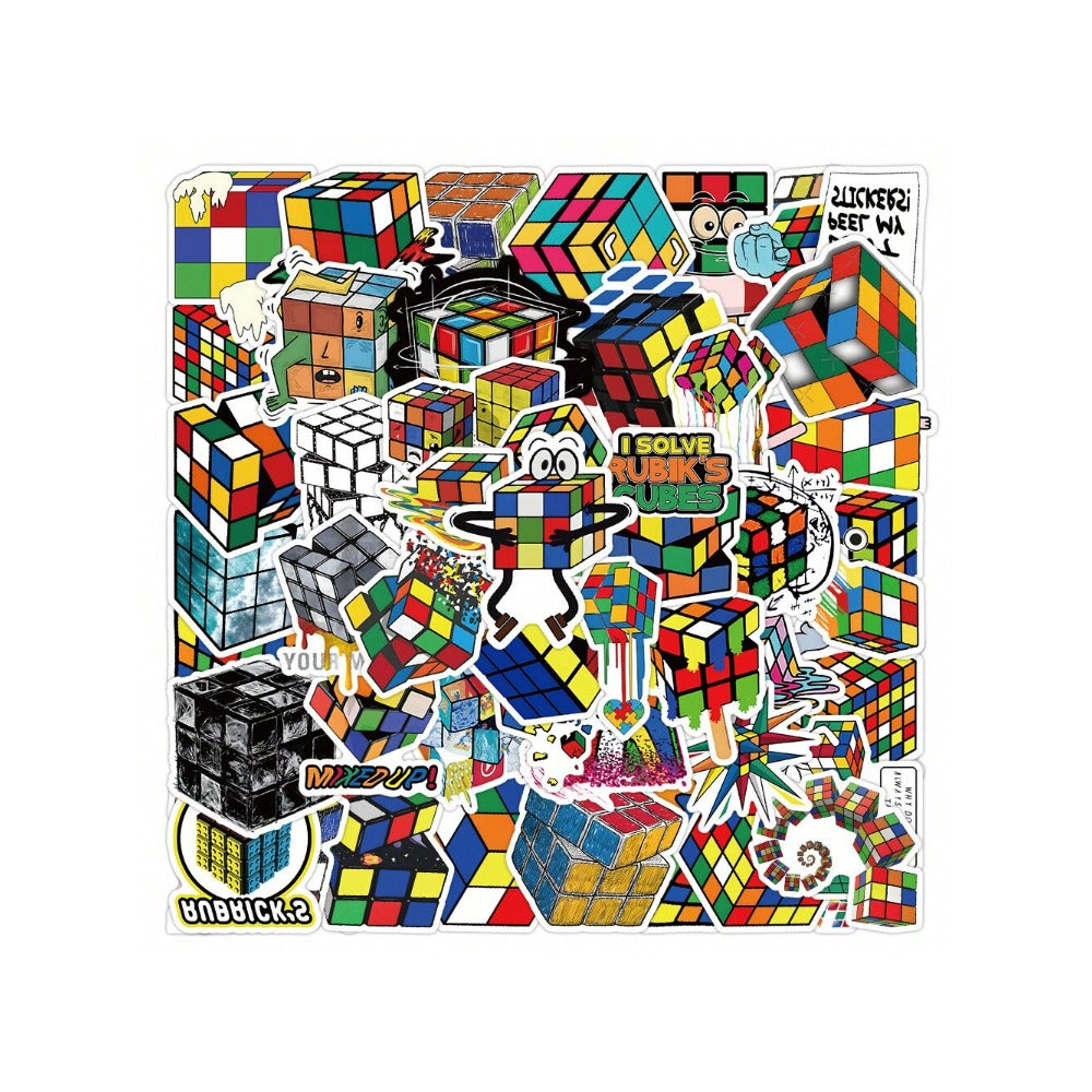 50PCS Cartoon Art Rubik's Cube Doodle Stickers Exquisite, Fashionable, Creative DIY Journal Decorative Decals Suitable for Skateboard Helmets, Guitars, Refrigerators, Stationery Boxes