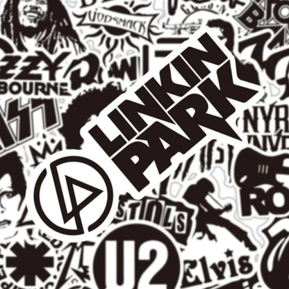 50PCS Punk Rock Band Black & White Waterproof Stickers Perfect for Suitcases, Skateboards, Water Bottles, Helmets Creative DIY Decorative Decals