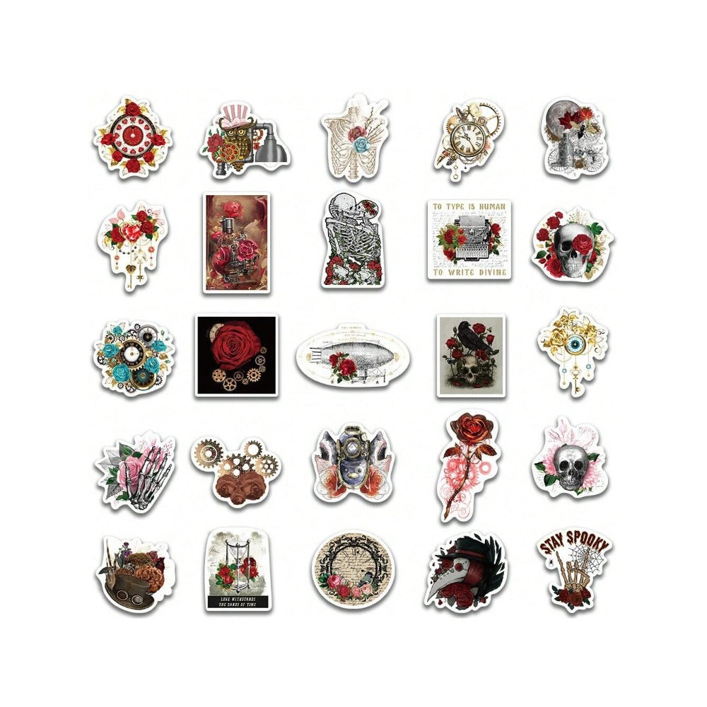 50PCS Steampunk Style Cartoon Deep Rose Graffiti Stickers Exquisite Fashion Creative DIY Decorative Sticker Decals Suitable for Notebooks, Helmets, Guitars, Skateboards, Stationery Boxes, and Desktops