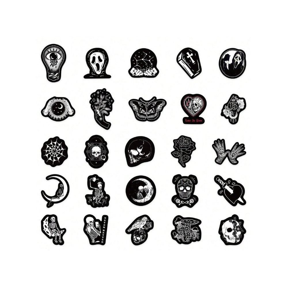 50PCS Cartoon Gothic Devil Black & White Punk Graffiti Stickers Exquisite Fashion Creative DIY Journal Decorative Decals Suitable for Skateboards, Guitars, Helmets, Bags, Stationery Cases