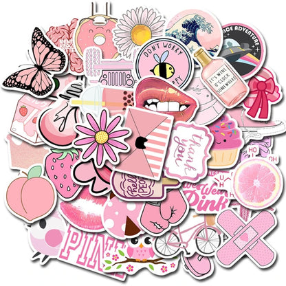 50PCS Cute Cartoon Girl Pink Fresh Doodle Stickers for Notebooks, Luggage, Skateboards, Water Bottles, and More—Perfect DIY Desktop Decor Decals
