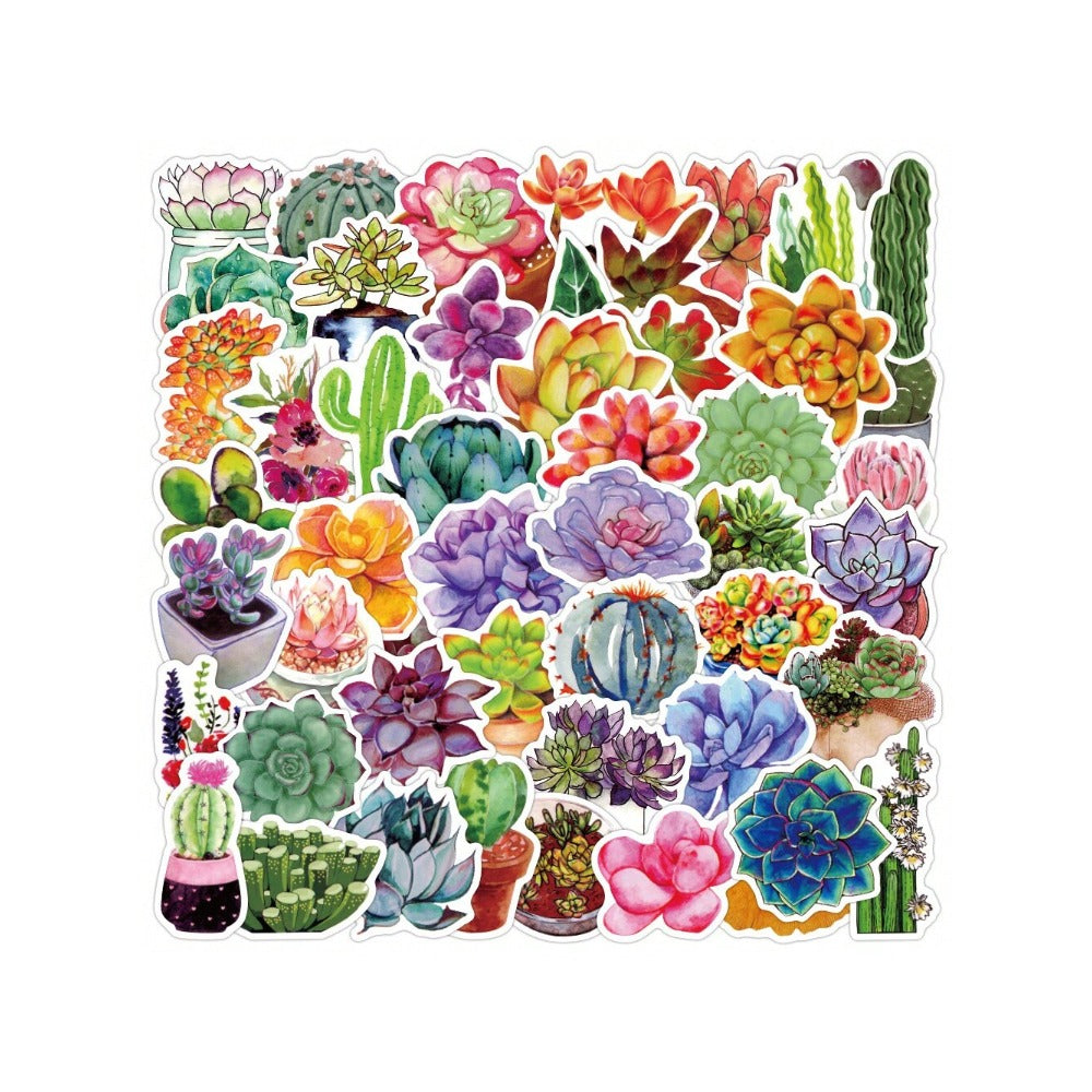 50PCS Cartoon Fresh-Style Succulent Plant Doodle Stickers Exquisite, Fashionable, Creative DIY Journal Decorations Suitable for Skateboards, Bags, Helmets, Guitars, Water Bottles, and Stationery Cases