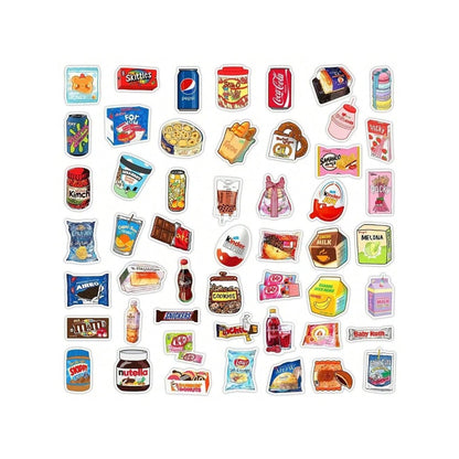 50PCS Ins Wind Snack Packaging Cute Doodle Stickers Exquisite Fashion Creative DIY Journal Decor Decals Suitable for Helmets, Guitars, Skateboards, Water Bottles, Refrigerators, Stationery Boxes