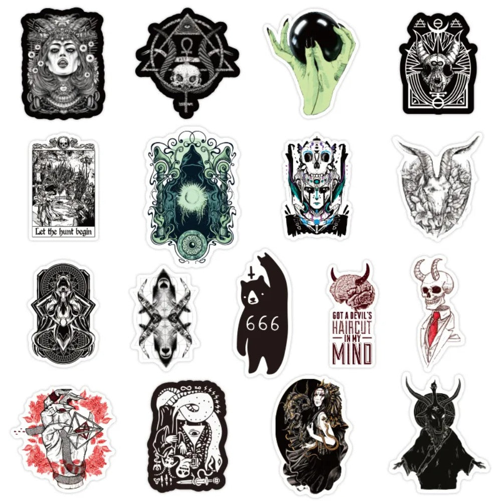 50PCS Gothic Horror Devil Skull Graffiti Stickers in Black and White Punk Style Suitable for Suitcases, Skateboards, Water Bottles, Guitars, and Stationery Boxes Decorative Decals