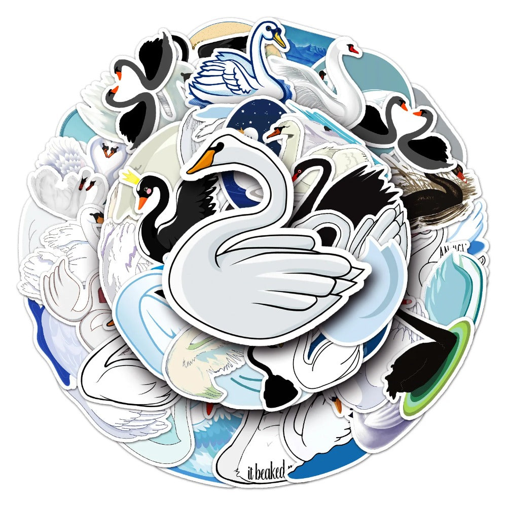 50PCS Swan Doodle Stickers, Elegant Cartoon Bird Vinyl Decals for Laptop, Journal, Water Bottle