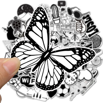 50PCS Cartoon Black & White Minimalist Series Doodle Stickers Exquisite, Fashionable, Creative DIY Journal Decorations Suitable for Water Bottles, Helmets, Skateboards, Refrigerators, Stationery Boxes