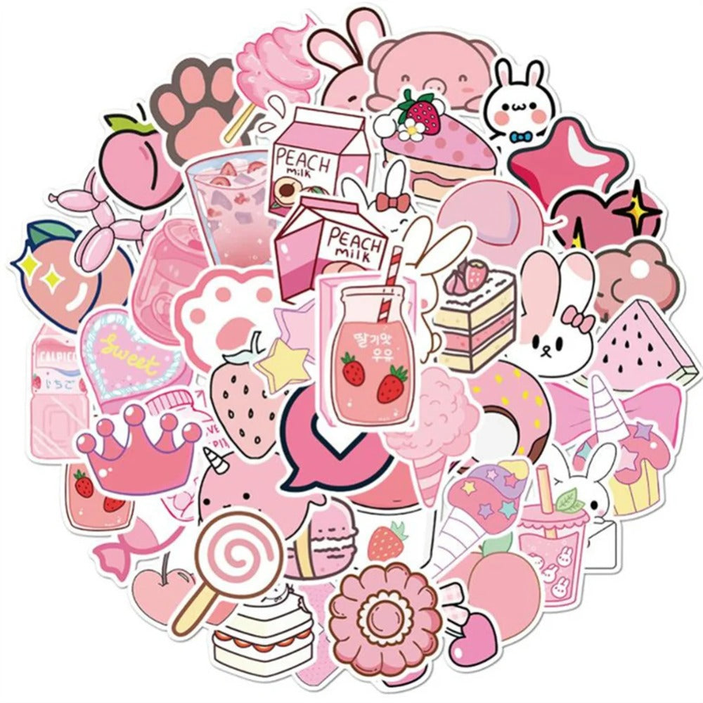 50PCS Cartoon Pink Girl Fresh & Cute Doodle Stickers Exquisite Fashion Creative DIY Journal Decorative Decals Suitable for Cups, Helmets, Skateboards, Refrigerators, Guitars, and Stationery Boxes