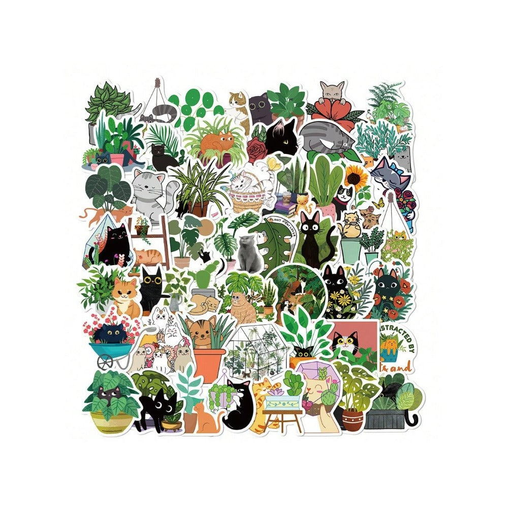 50PCS Cute Cartoon Cat and Plant Doodle Stickers Exquisite, Fashionable, Creative DIY Journal Decorations Suitable for Luggage, Laptops, Skateboards, Guitars, Diaries, Helmets, and Stationery Boxes