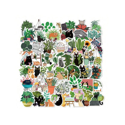 50PCS Cute Cartoon Cat and Plant Doodle Stickers Exquisite, Fashionable, Creative DIY Journal Decorations Suitable for Luggage, Laptops, Skateboards, Guitars, Diaries, Helmets, and Stationery Boxes