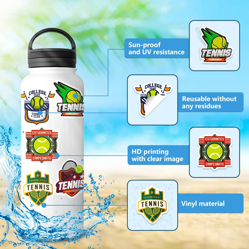 50PCS Tennis Sport Stickers - Cartoon Racket & Ball Decals for Water Bottles, Laptops, Gym Bags & Sports Fan Gifts