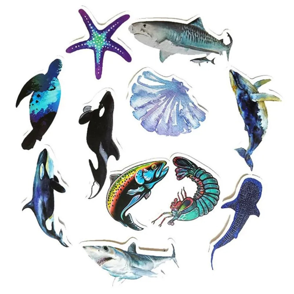 50PCS Blue Sea Creatures Stickers, Cute Cartoon Whale Shark Octopus Turtle Doodle Vinyl Decals for Water Bottle Laptop Hydro Flask Scrapbook Journal DIY Kids Craft Decor