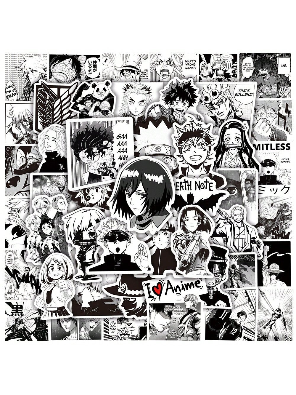50PCS Black and White Japanese Manga Cartoon Series Graffiti Stickers Fashion Personality Creative DIY Trend Decorative Stickers Refrigerator Skateboard Helmet Guitar Popular Decals Toys