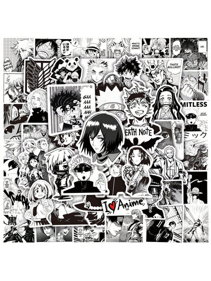 50PCS Black and White Japanese Manga Cartoon Series Graffiti Stickers Fashion Personality Creative DIY Trend Decorative Stickers Refrigerator Skateboard Helmet Guitar Popular Decals Toys