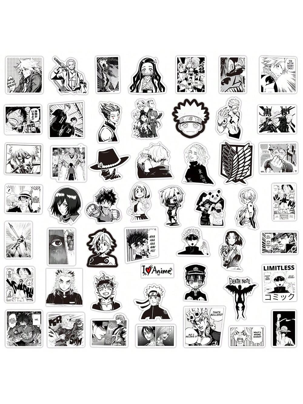 50PCS Black and White Japanese Manga Cartoon Series Graffiti Stickers Fashion Personality Creative DIY Trend Decorative Stickers Refrigerator Skateboard Helmet Guitar Popular Decals Toys