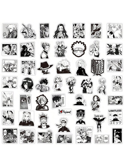 50PCS Black and White Japanese Manga Cartoon Series Graffiti Stickers Fashion Personality Creative DIY Trend Decorative Stickers Refrigerator Skateboard Helmet Guitar Popular Decals Toys