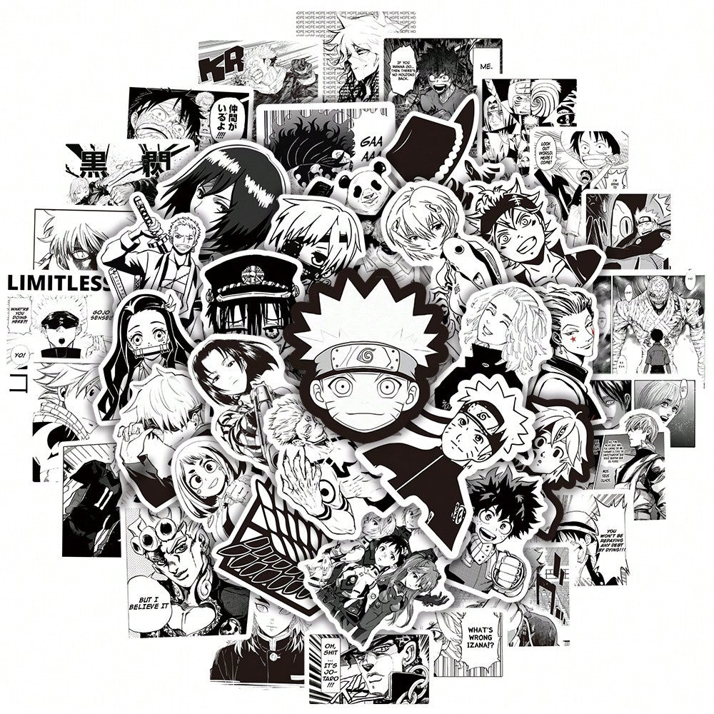 50PCS Black and White Japanese Manga Cartoon Series Graffiti Stickers Fashion Personality Creative DIY Trend Decorative Stickers Refrigerator Skateboard Helmet Guitar Popular Decals Toys