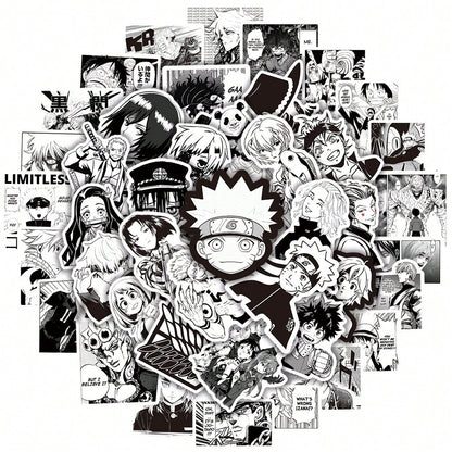 50PCS Black and White Japanese Manga Cartoon Series Graffiti Stickers Fashion Personality Creative DIY Trend Decorative Stickers Refrigerator Skateboard Helmet Guitar Popular Decals Toys