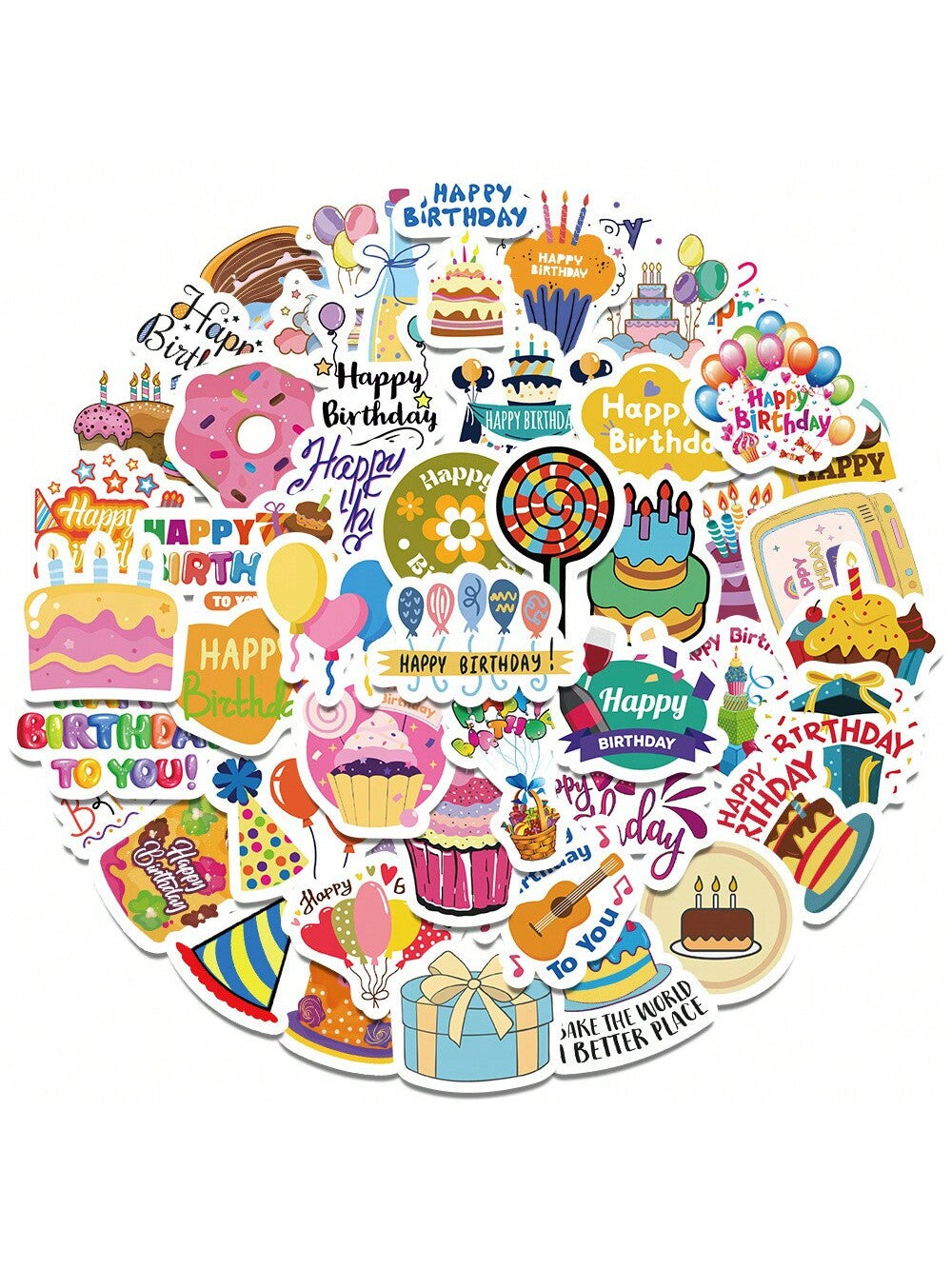 50PCS Cartoon Birthday Creative Sticker Cake Candle Balloon Creative iPad Guitar DIY Wall Sticker Toy Decoration