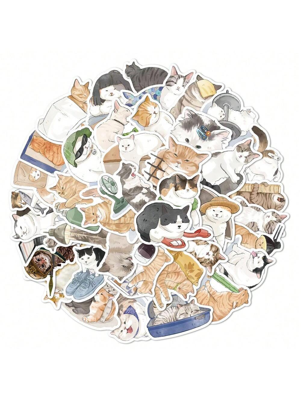 53PCS Cartoon Hand-painted Cute Cat Graffiti Stickers Personalized Fashion Creative Trend DIY Decorative Stickers Water Cup Computer Luggage Skateboard Refrigerator Helmet Popular Decals Toys