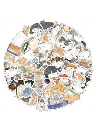53PCS Cartoon Hand-painted Cute Cat Graffiti Stickers Personalized Fashion Creative Trend DIY Decorative Stickers Water Cup Computer Luggage Skateboard Refrigerator Helmet Popular Decals Toys