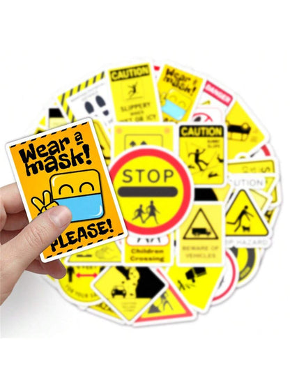 50PCS Yellow Warning Signs Graffiti Stickers Personalised Fashion Creative DIY Decorative Decals Toys For Luggage Laptop IPad Guitar Skateboarding Diary Popular Stickers Gifts