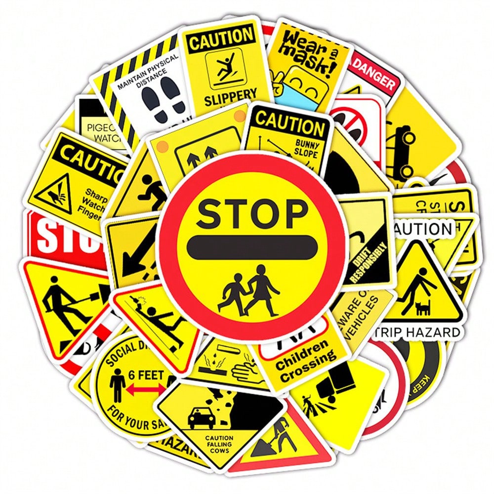50PCS Yellow Warning Signs Graffiti Stickers Personalised Fashion Creative DIY Decorative Decals Toys For Luggage Laptop IPad Guitar Skateboarding Diary Popular Stickers Gifts