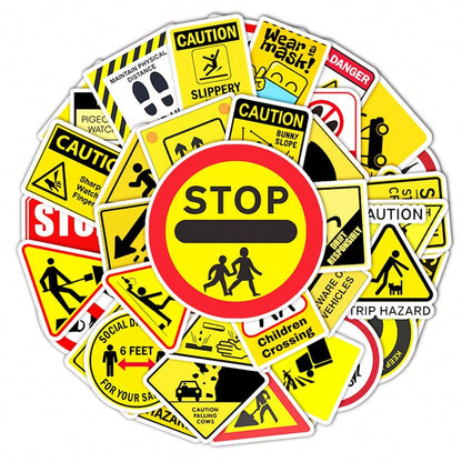 50PCS Yellow Warning Signs Graffiti Stickers Personalised Fashion Creative DIY Decorative Decals Toys For Luggage Laptop IPad Guitar Skateboarding Diary Popular Stickers Gifts