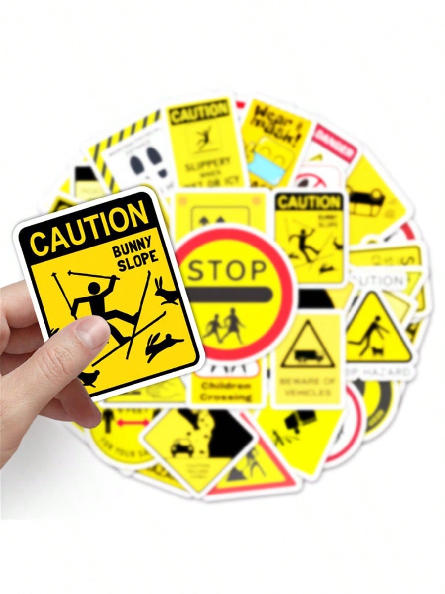 50PCS Yellow Warning Signs Graffiti Stickers Personalised Fashion Creative DIY Decorative Decals Toys For Luggage Laptop IPad Guitar Skateboarding Diary Popular Stickers Gifts