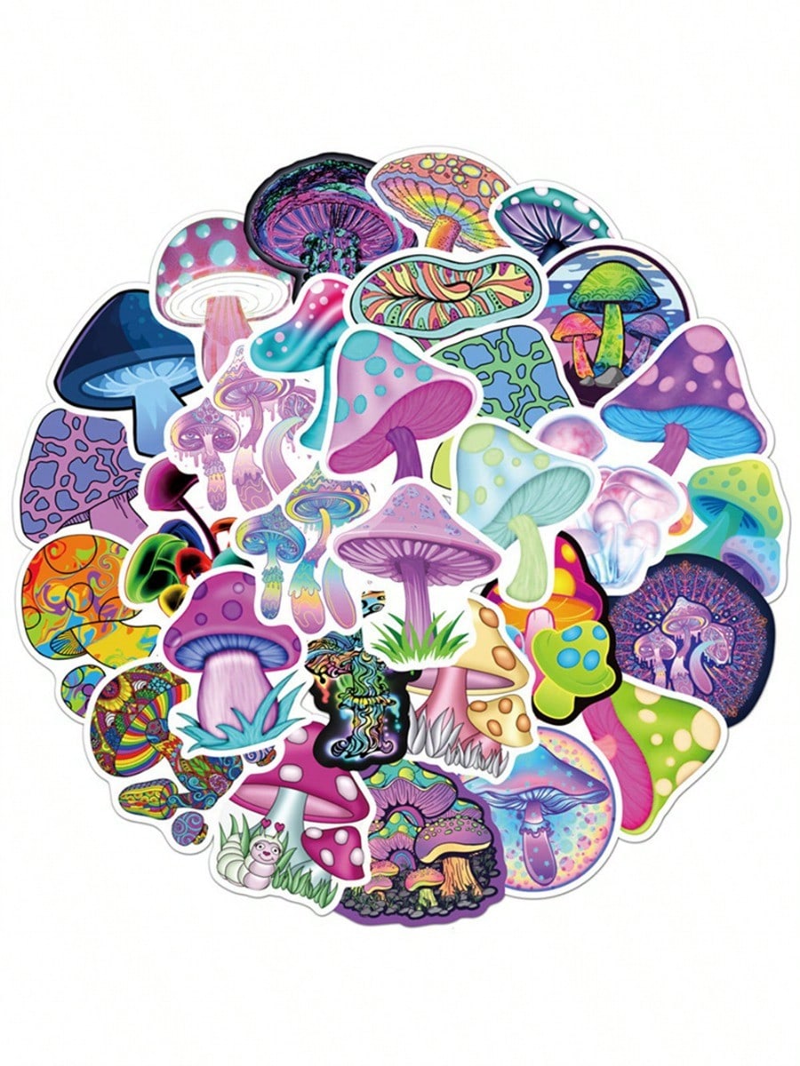 50PCS Art Illustration Popular Creative Fashion Cartoon Colourful Mushroom Decorative Style Graffiti Stickers Personality Fashion Creative DIY Exquisite Decorative Decals For Cups, Helmets, Skateboards Popular Stickers Toys