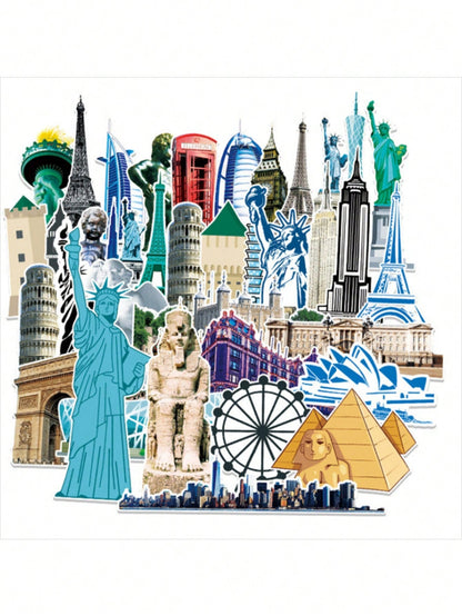 50PCS Art Illustration Popular Creative Fashion Landmark Building Decoration Style Graffiti Stickers Personality Fashion Creative Trend DIY Exquisite Decorative Decals for Cups, Helmets, Skateboards Popular Stickers Toys