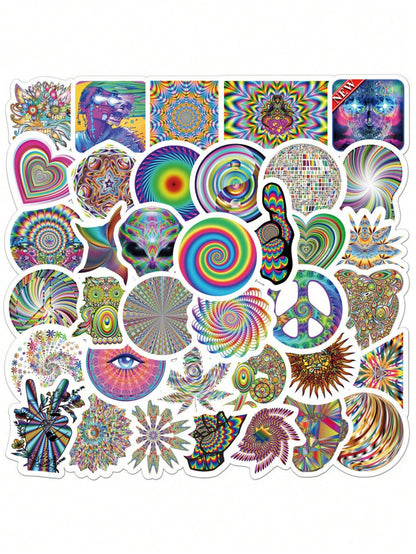 50PCS Art Illustration Popular Creative Colourful Psychedelic Stress Relief Decorative Style Graffiti Stickers Personality Fashion Creative Trend DIY Exquisite Decorative Decals for Cups, Helmets, Skateboards Popular Stickers Toys