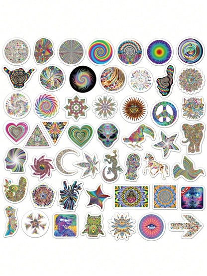 50PCS Art Illustration Popular Creative Colourful Psychedelic Stress Relief Decorative Style Graffiti Stickers Personality Fashion Creative Trend DIY Exquisite Decorative Decals for Cups, Helmets, Skateboards Popular Stickers Toys