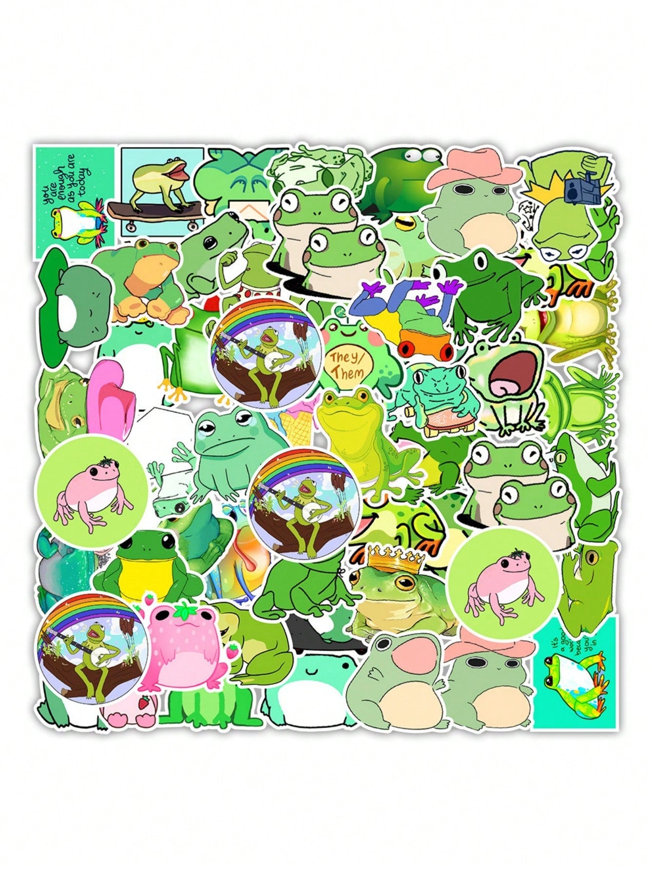 50PCS Art Illustration Popular Creative Cartoon Cute Little Frog Decorative Style Graffiti Stickers Personality Fashion Creative Trend DIY Exquisite Decorative Decals for Cups, Helmets, Skateboards Popular Stickers Toys
