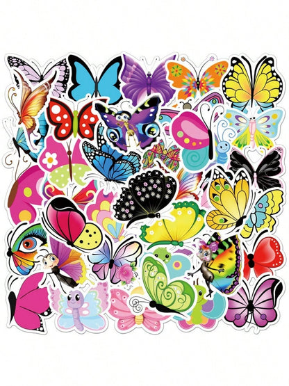 100PCS Art Illustration Popular Creative Cartoon Colourful Insects Butterfly Decorative Style Graffiti Stickers Personality Fashion Creative DIY Exquisite Decorative Decals For Cups, Helmets, Skateboards Popular Stickers Toys