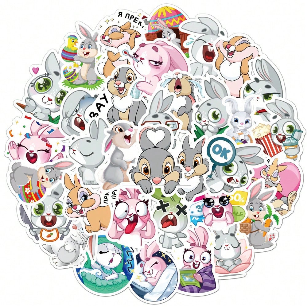 50PCS Art Illustration Popular Creative Cartoon Cute Plush Rabbit Decorative Style Graffiti Stickers Personality Fashion Creative Trend DIY Exquisite Decorative Decals for Cups, Helmets, Skateboards Popular Stickers Toys