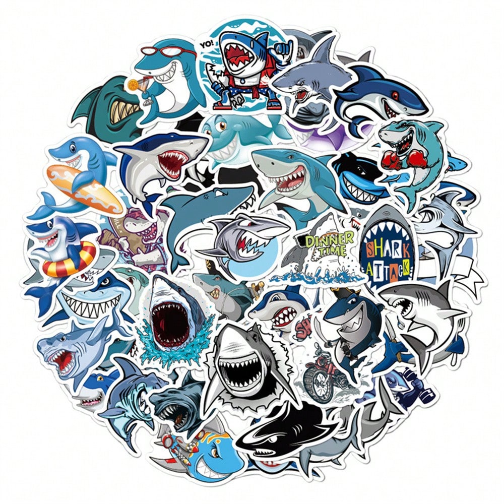 50PCS Art Illustration Popular Creative Cartoon Horror Shark Decorative Style Graffiti Stickers Personality Fashion Creative Trend DIY Exquisite Decorative Decals for Cups, Helmets, Skateboards Popular Stickers Toys