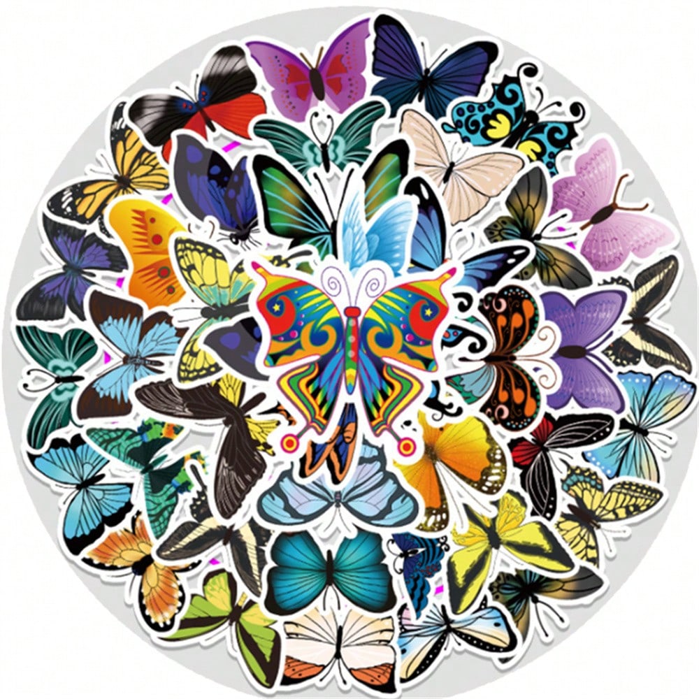 50PCS Art Illustration Popular Creative Cartoon Cool Colour Butterfly Decorative Style Graffiti Stickers Personality Fashion Creative Trend DIY Exquisite Decorative Decals for Cups, Helmets, Skateboards Popular Stickers Toys