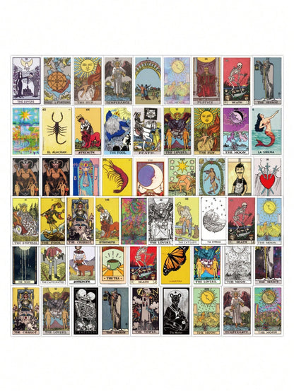 50PCS Art Illustration Popular Creative Cartoon Tarot Card Divination Decorative Style Graffiti Stickers Personality Fashion Creative Trend DIY Exquisite Decorative Decals for Cups, Helmets, Skateboards Popular Stickers Toys