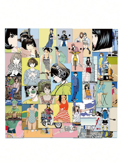 50PCS Art Illustration Popular Creative Cute Cartoon Japanese Genki Girl Decorative Style Graffiti Stickers Personality Fashion Creative DIY Exquisite Decorative Decals For Cups, Helmets, Skateboards Popular Stickers Toys