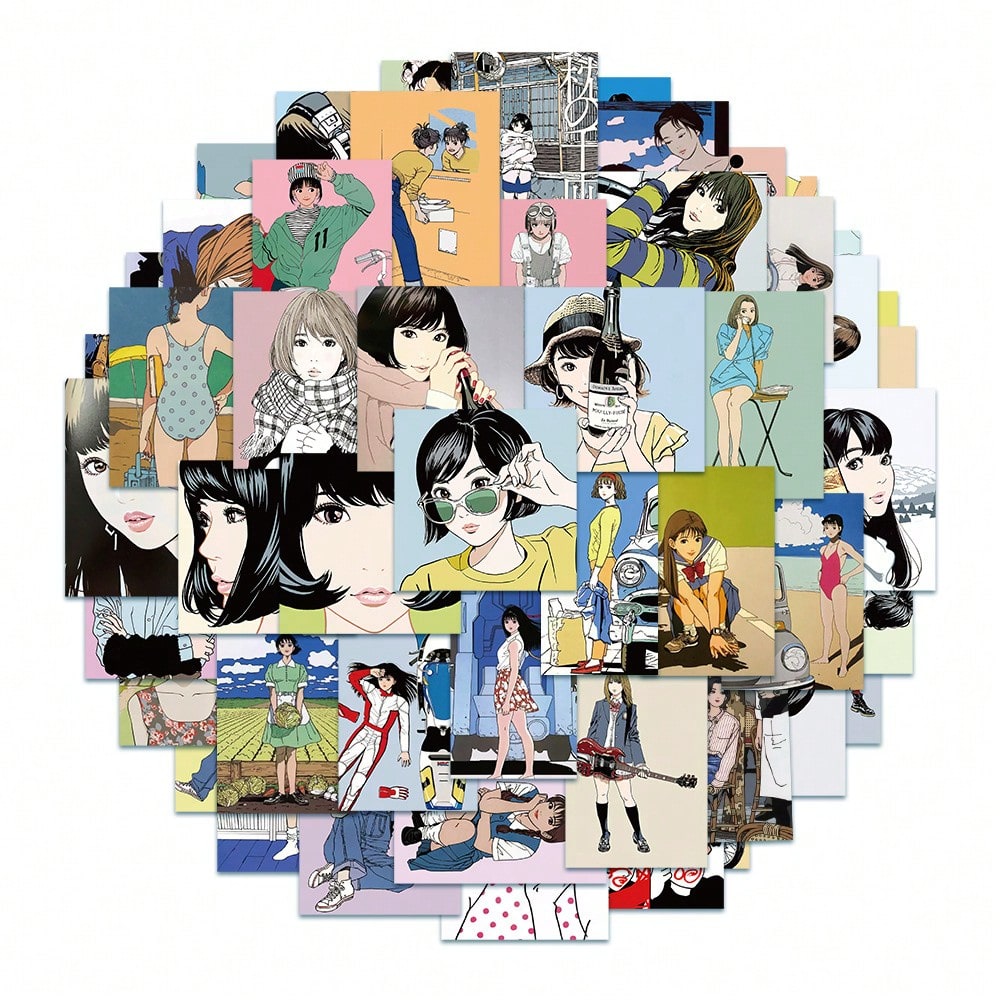 50PCS Art Illustration Popular Creative Cute Cartoon Japanese Genki Girl Decorative Style Graffiti Stickers Personality Fashion Creative DIY Exquisite Decorative Decals For Cups, Helmets, Skateboards Popular Stickers Toys