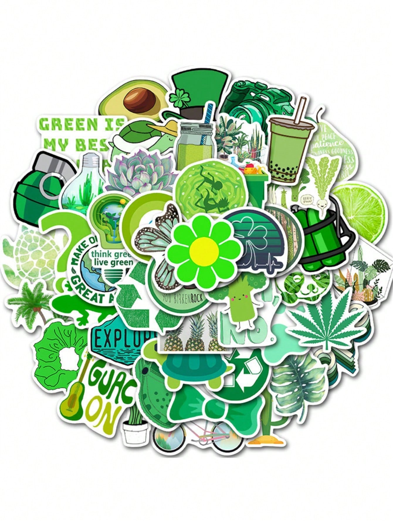 50PCS Art Illustration Popular Creative Cartoon Ins Style Green Minimalist Small Fresh Series Decorative Style Graffiti Stickers Personality Fashion Creative Trend DIY Exquisite Decorative Decals for Cups, Helmets, Skateboards Popular Stickers Toys
