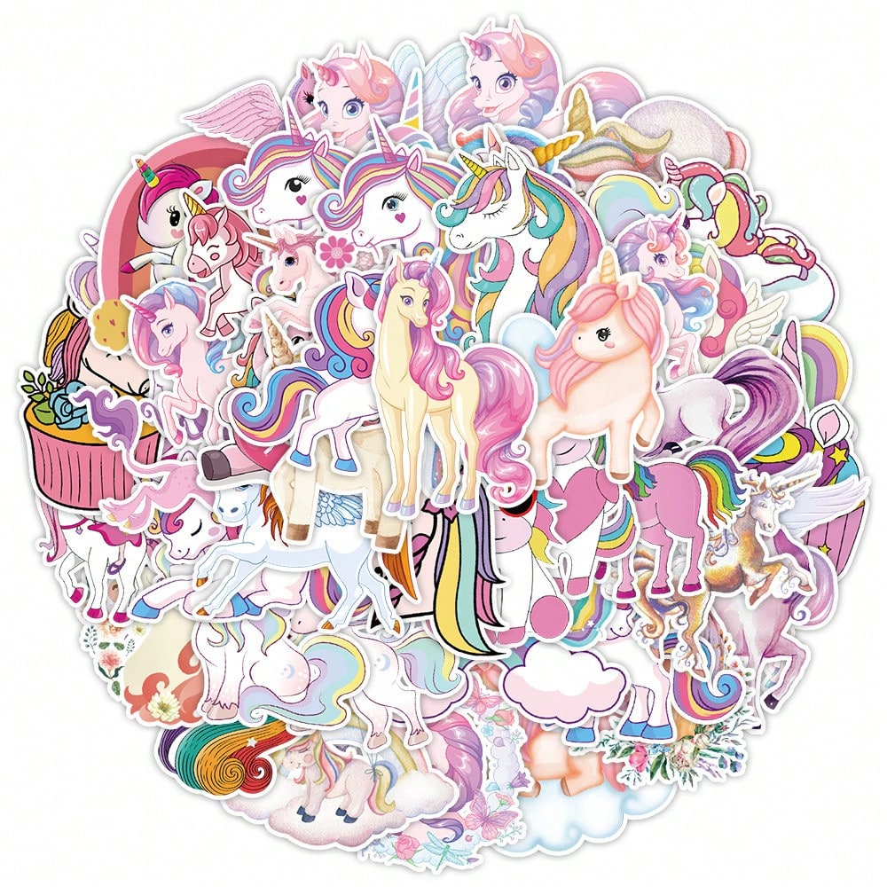 50 pieces of artistic illustration popular creative cartoon cute anime fantasy unicorn decorative style graffiti stickers. Personalized, stylish, creative and delicate decorative appliqués, suitable for cups, helmets, skateboards. Popular stickers
