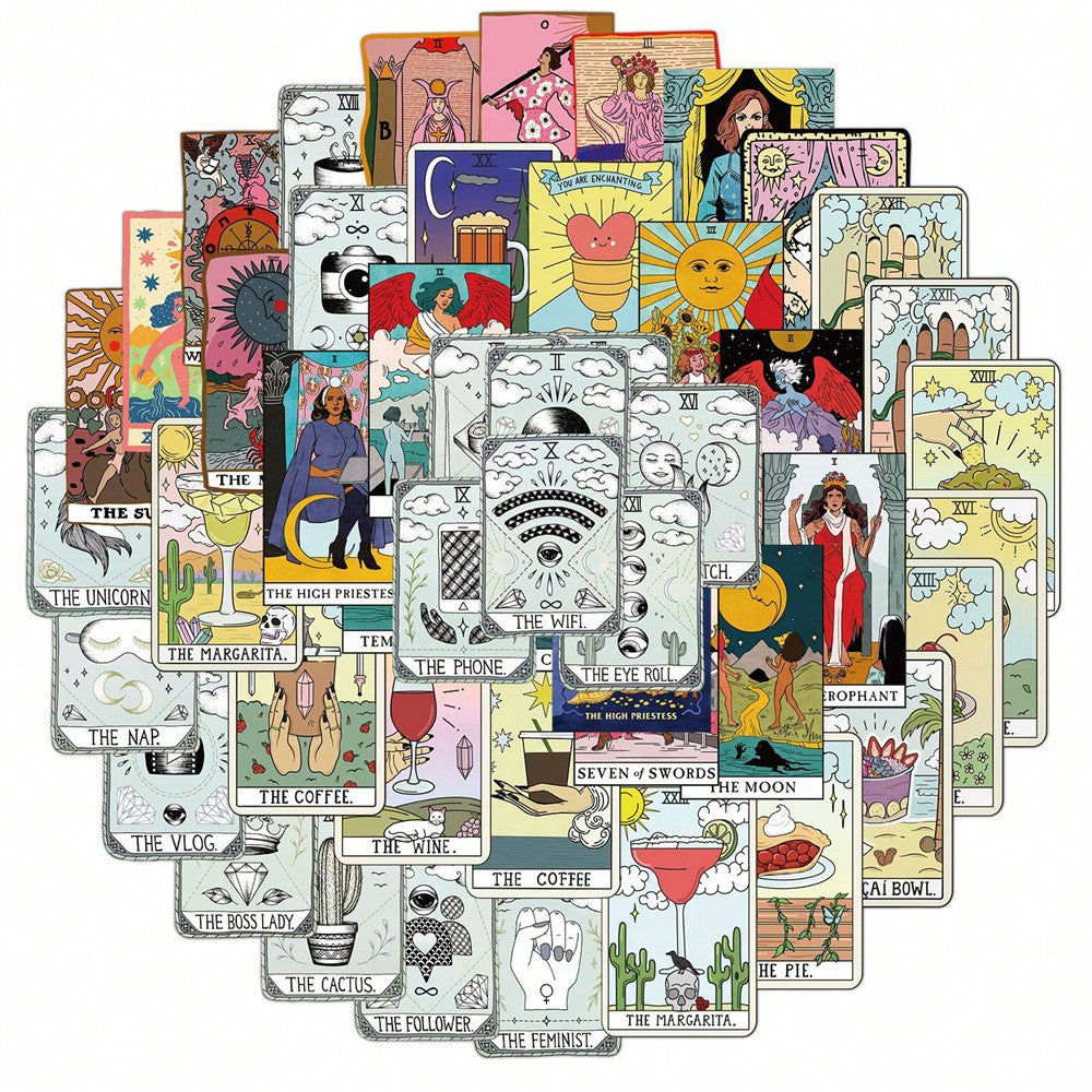 50PCS Art Illustration Popular Creative Cartoon Tarot Card Decorative Style Graffiti Stickers Personality Fashion Creative Trend DIY Exquisite Decorative Decals for Cups, Helmets, Skateboards Popular Stickers Toys