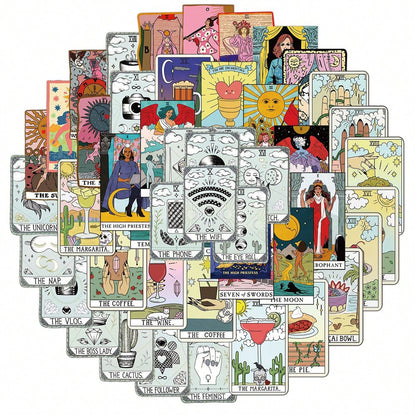 50PCS Art Illustration Popular Creative Cartoon Tarot Card Decorative Style Graffiti Stickers Personality Fashion Creative Trend DIY Exquisite Decorative Decals for Cups, Helmets, Skateboards Popular Stickers Toys