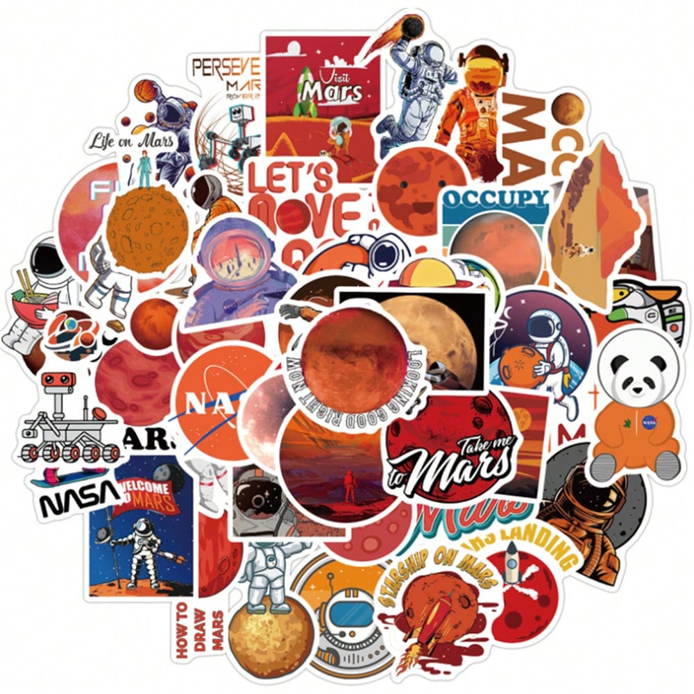 50PCS Art Illustration Popular Creative Anime Cartoon Panda Astronaut Mars Space Rocket Decorative Style Graffiti Stickers Personalised Fashion Creative Trend DIY Exquisite Decorative Decals for Cups, Helmets, Skateboards Popular Stickers Toys
