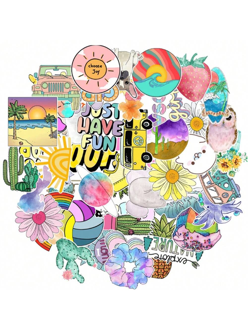 50PCS Art Illustration Popular Creative Anime Cartoon Degree Day Beach Decoration Style Graffiti Stickers Personality Fashion Creative Trend DIY Exquisite Decorative Decals for Cups, Helmets, Skateboards Popular Stickers Toys