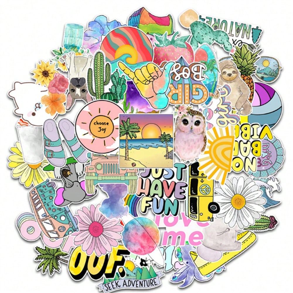 50PCS Art Illustration Popular Creative Anime Cartoon Degree Day Beach Decoration Style Graffiti Stickers Personality Fashion Creative Trend DIY Exquisite Decorative Decals for Cups, Helmets, Skateboards Popular Stickers Toys
