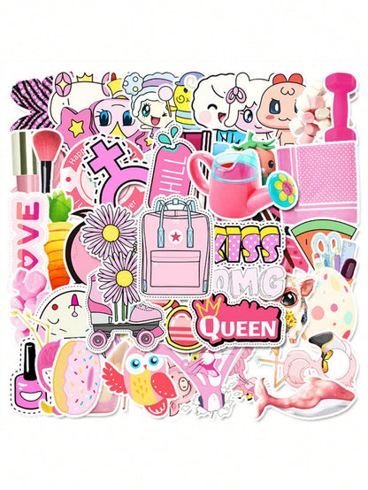 50PCS Art Illustration Popular Creative Cartoon Pink Girl Series Decorative Style Graffiti Stickers Personality Fashion Creative Trend DIY Exquisite Decorative Decals for Cups, Helmets, Skateboards Popular Stickers Toys
