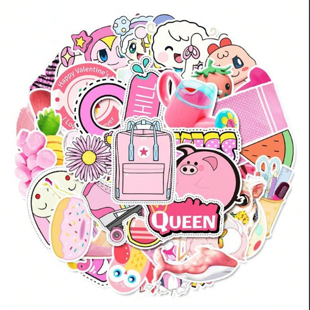 50PCS Art Illustration Popular Creative Cartoon Pink Girl Series Decorative Style Graffiti Stickers Personality Fashion Creative Trend DIY Exquisite Decorative Decals for Cups, Helmets, Skateboards Popular Stickers Toys